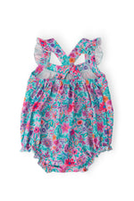 Mila & Rose Ruffle Cross Back Romper in vibrant tropical floral print with cross-back straps and ruffled sleeves