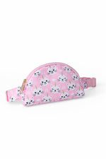 Mila Unicorn Kitties Belt Bag in pink with white caticorn faces, rainbow accents, gold zipper, and adjustable strap — side angle view.