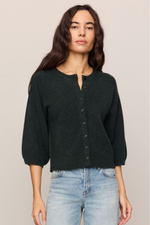 Z Supply Valor Cardigan in Emerald Cove, dark green knit with button front, 3/4 puff sleeves, worn by model with jeans