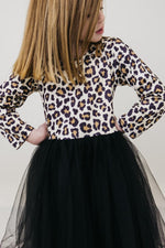 Mila Wild One L/S Tutu Dress — leopard print long-sleeve bodice with black tulle skirt, back view on child model