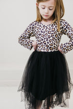 Mila Wild One L/S Tutu Dress — girl wearing leopard print long-sleeve bodice with black tulle skirt, front view
