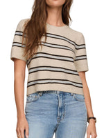 Z SUPPLY Gatewood Stripe Sweater in Light Oatmeal Heather, short-sleeve knit top with dark brown and blue stripes, worn with blue jeans, front view on model.