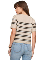 Z SUPPLY Gatewood Stripe Sweater in Light Oatmeal Heather, back view on model, short sleeves, dark horizontal stripes