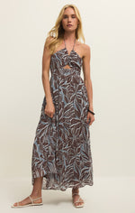 Z Supply Lanie Zinn Floral Maxi Dress in brown and blue tropical print, halter style with cutout waist detail