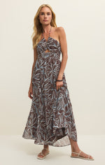 Z SUPPLY Lanie Zinn Floral Maxi Dress in Chocolate Cherry - halter neck style with tropical floral print in brown and blue tones