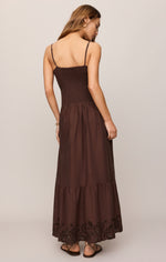Z SUPPLY Esti Embroidered Maxi Dress in Chocolate Cherry, back view on model showing smocked bodice, spaghetti straps, tiered skirt, and eyelet hem.