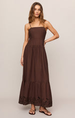 Z SUPPLY Esti Embroidered Maxi Dress in Chocolate Cherry, front view on model, square neck, spaghetti straps, tiered skirt with floral eyelet hem
