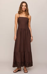 Z SUPPLY Esti Embroidered Maxi Dress in Chocolate Cherry, front view on model, spaghetti straps, tiered skirt with eyelet hem