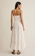 Z SUPPLY Behati Eyelet Midi Dress in white - back view of model wearing tiered white cotton dress with thin straps
