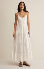 Z SUPPLY Behati Eyelet Midi Dress in white worn by model, featuring smocked bodice, tiered skirt with lace trim details
