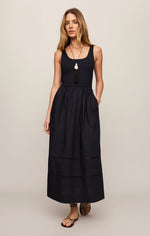 Z SUPPLY Johanna Midi Dress in Black — fitted tank bodice, gathered poplin skirt with ladder lace trim, front view on model