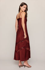 Z SUPPLY Bruna Lace Inset Midi Dress in Velvet Rouge, back view on model showing satin slip silhouette with diagonal lace panels