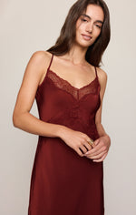 Z Supply Bruna Lace Inset Midi Dress in Velvet Rouge, deep burgundy satin slip dress with lace trim neckline, worn by model