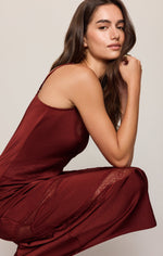 Z SUPPLY Bruna Lace Inset Midi Dress in Velvet Rouge, deep burgundy satin slip with lace panel detail, worn by model