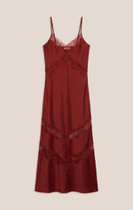 Z SUPPLY Bruna Lace Inset Midi Dress in Velvet Rouge, deep burgundy satin slip dress with chevron lace panels, flat lay