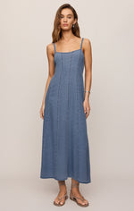 Z SUPPLY Leonora Indigo Midi Dress in Classic Indigo, front view on model, denim spaghetti-strap A-line with panel seaming and flared skirt