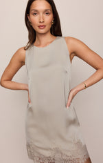 Z Supply Meadow Muse Lace Mini Dress in Frosted Pearl, front view on model, sleeveless satin with lace hem trim