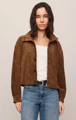 Z SUPPLY Corin Bubble Hem Jacket in Saddle Suede brown, front view on model styled with white tank and jeans