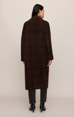Z SUPPLY Crosby Plaid Cocoon Coat in dark chocolate brown with navy windowpane plaid, back view on model