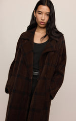 Z SUPPLY Crosby Plaid Cocoon Coat in Dark Chocolate, worn by model — oversized fit, teddy texture, black plaid pattern, front view