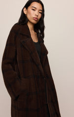 Z SUPPLY Crosby Plaid Cocoon Coat in Dark Chocolate, worn by model — long oversized silhouette with notched lapels and patch pockets