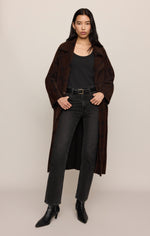 Z SUPPLY Crosby Plaid Cocoon Coat in Dark Chocolate, long oversized silhouette with lapel collar, worn open over black outfit, front view