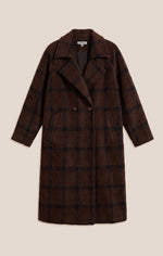 Z Supply Crosby Plaid Cocoon Coat in dark chocolate brown with black windowpane plaid, flat lay front view