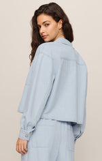 Z SUPPLY Erin Railroad Jacket in Seaboard Stripe, back view on model, light blue pinstripe cropped denim jacket with collar and button cuffs