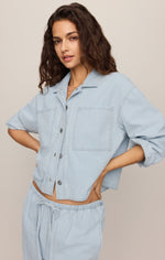 Z SUPPLY Erin Railroad Jacket in Seaboard Stripe — light blue pinstripe cropped button-front shirt with chest pockets, worn by model as a set