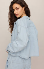 Z SUPPLY Erin Railroad Jacket in Seaboard Stripe — model wearing light blue pinstripe oversized denim jacket, side/back view