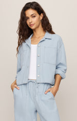 Z SUPPLY Erin Railroad Jacket in Seaboard Stripe — cropped light blue pinstripe jacket with white buttons, chest pockets, and rolled sleeves on model