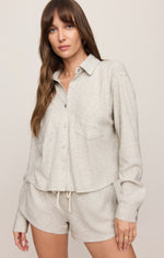 Z SUPPLY Waffle Shirt in Feather Grey, front view on model, long-sleeve button-down with chest pocket, paired with matching waffle shorts.