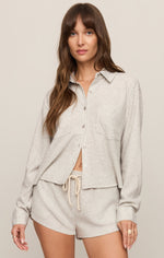 Z SUPPLY Waffle Shirt in Feather Grey, front view on model, long-sleeve button-down with collar and chest pocket, paired with matching shorts.