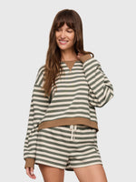 Z SUPPLY Low Key Stripe Sweatshirt in Monstera, olive green and cream stripes with brown ribbed trim, worn by model with matching shorts