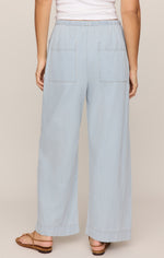 Z SUPPLY Carpenter Pant in Seaboard Stripe, back view on model showing wide-leg fit, elastic waist, patch pockets, and light blue pinstripe fabric.