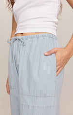 Z SUPPLY Carpenter Pant in Seaboard Stripe — close-up of light blue pinstripe drawstring waist and side pocket on model.