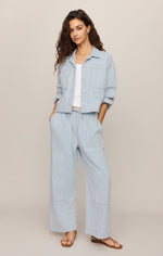 Z SUPPLY Carpenter Pant in Seaboard Stripe — light blue pinstripe wide-leg pants with drawstring waist, worn with matching cropped jacket