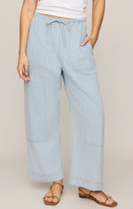 Z SUPPLY Carpenter Pant in Seaboard Stripe — light blue pinstripe wide-leg pants with drawstring waist, patch pockets, and hem detail on model.