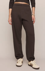 Z SUPPLY Uptown Jogger in Cocoa Bean, a dark brown fleece sweatpant with elastic waistband and cuffed ankles, front view on model