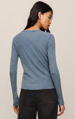 Z SUPPLY Arlet Mini Thermal Top in Mineral Blue, back view on model, long-sleeve waffle-knit fabric with fitted silhouette