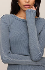 Z SUPPLY Arlet Mini Thermal Top in Mineral Blue — close-up detail shot of waffle-knit fabric, crew neckline, and long sleeves on model