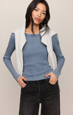 Z SUPPLY Arlet Mini Thermal Top in Mineral Blue, long-sleeve waffle-knit top worn by model with gray vest and black jeans, front view