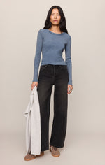 Z SUPPLY Arlet Mini Thermal Top in Mineral Blue, ribbed long-sleeve fitted top worn by model with wide-leg black jeans
