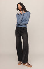Z SUPPLY Arlet Mini Thermal Top in Mineral Blue, ribbed long-sleeve, worn by model with wide-leg black jeans, front view
