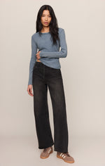 Z Supply Arlet Mini Thermal Top in Mineral Blue, long-sleeve ribbed crewneck worn by model with wide-leg black jeans, front view