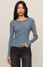 Z SUPPLY Arlet Mini Thermal Top in Mineral Blue, front view on model, long-sleeve waffle-knit with boat neckline