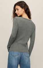 Z SUPPLY Arlet Mini Thermal Top in Monstera green, back view on model, waffle-knit texture, long sleeves, paired with blue jeans