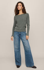 Z SUPPLY Arlet Mini Thermal Top in Monstera sage green, ribbed long-sleeve with raw edge neckline, worn by model with wide-leg jeans, front view