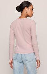 Z SUPPLY Arlet Mini Thermal Top in Soft Blush, back view on model, long-sleeve waffle-knit fabric, paired with light wash jeans