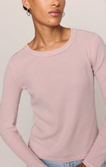 Z SUPPLY Arlet Mini Thermal Top in Soft Blush, worn by model, showing waffle-knit texture, crew neck, and long sleeves